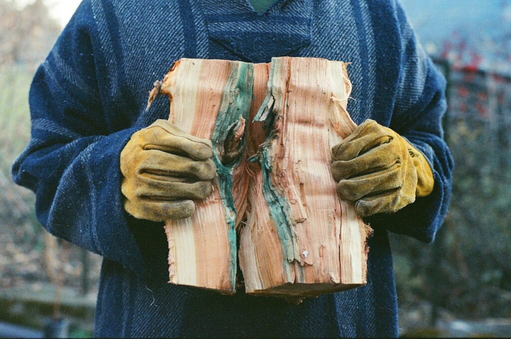 Man Holding Piece Of Wood Chopped in Half